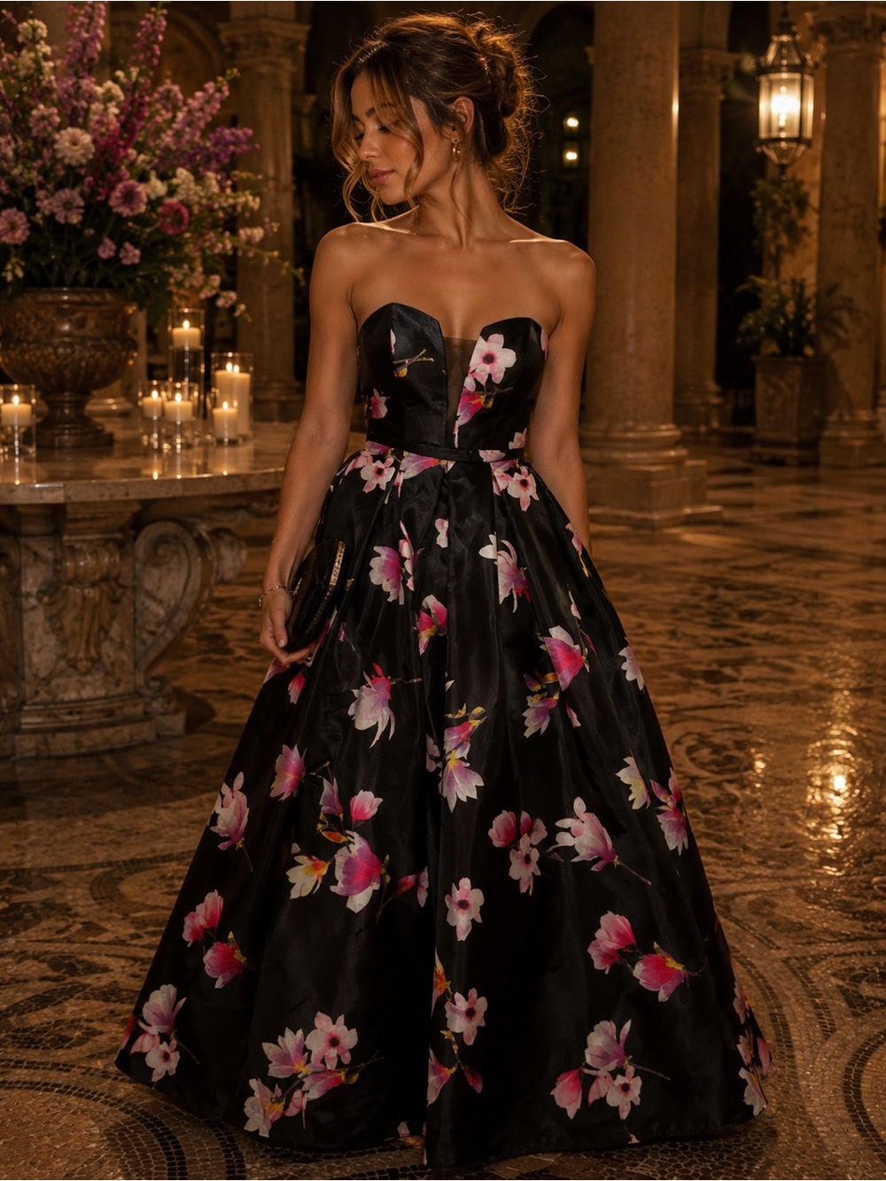 Sequin Hearts Strapless Black Floral Ball Gown Dress